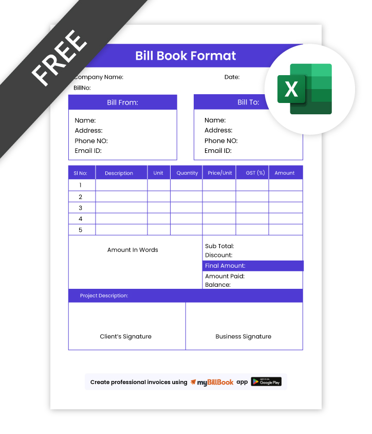 Bill Book format in excel