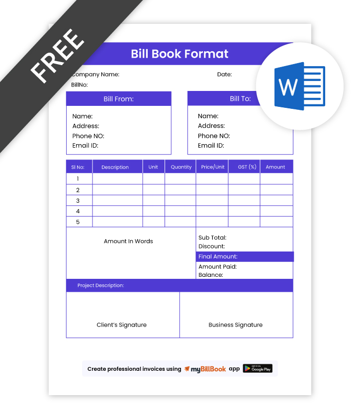 Bill Book Format in Word